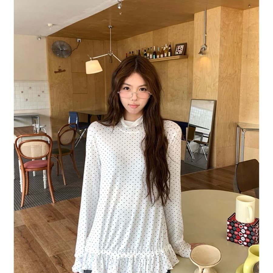 2026 한 부서 착용 가져 가라. 프릴 레이스업 디자인 밑단 스택 착용 레트로 가을 여성 도트 무늬 기본 셔츠