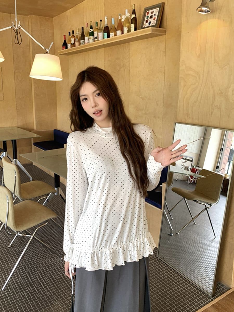 2026 한 부서 착용 가져 가라. 프릴 레이스업 디자인 밑단 스택 착용 레트로 가을 여성 도트 무늬 기본 셔츠 이미지 3