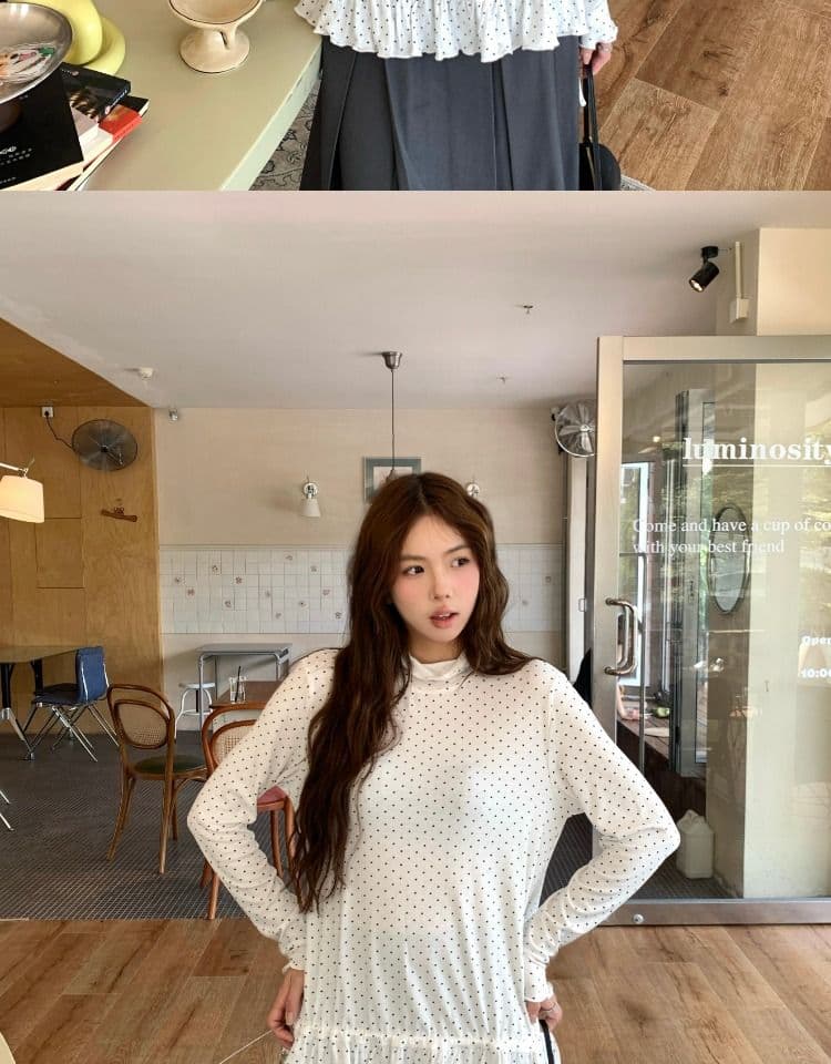 2026 한 부서 착용 가져 가라. 프릴 레이스업 디자인 밑단 스택 착용 레트로 가을 여성 도트 무늬 기본 셔츠 상세 이미지 2