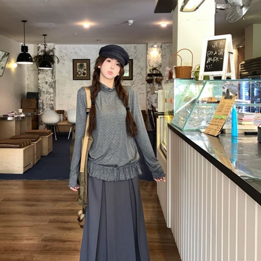 2026 한 부서 착용 가져 가라. 프릴 레이스업 디자인 밑단 스택 착용 레트로 가을 여성 도트 무늬 기본 셔츠 이미지 5