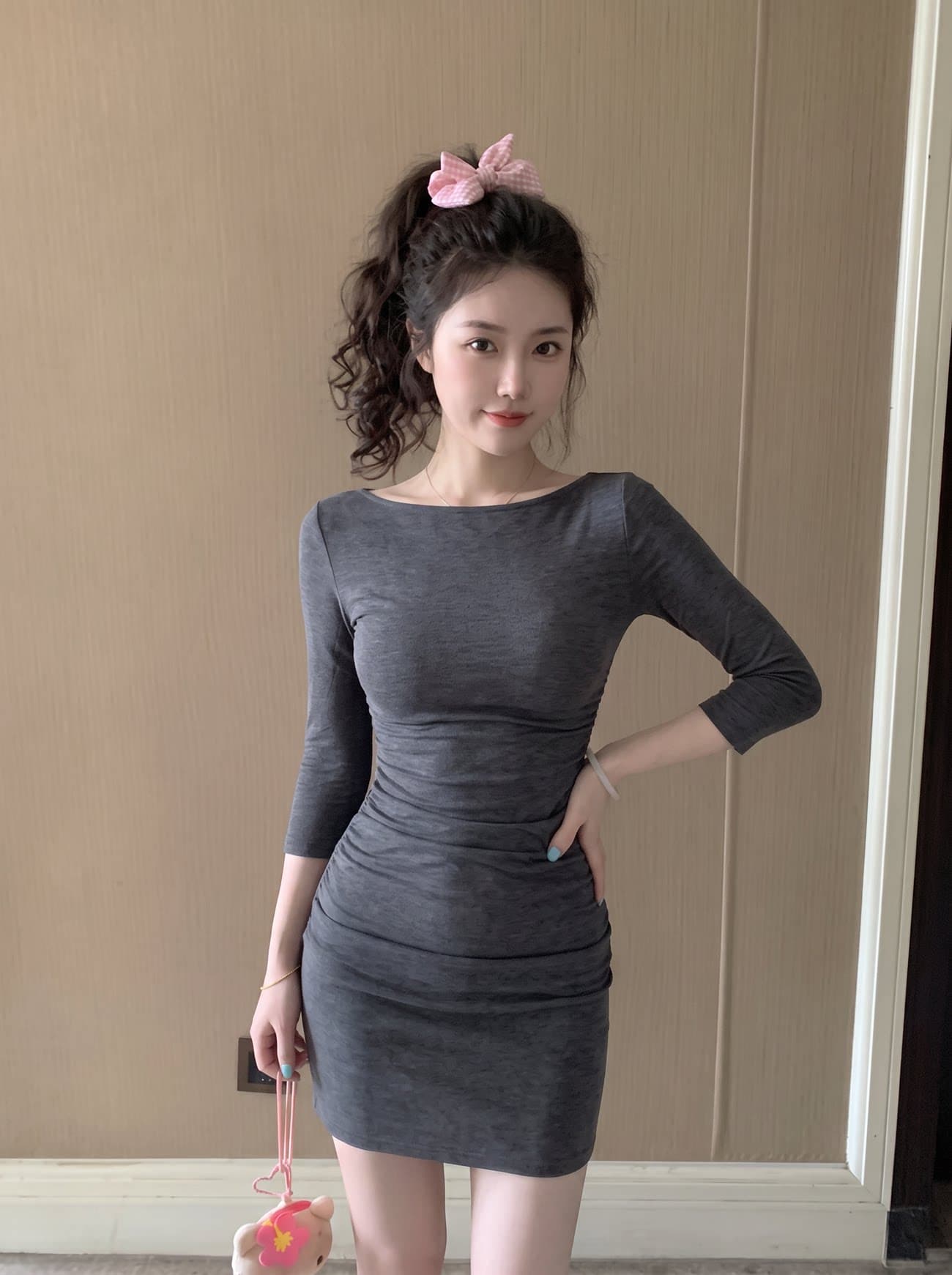 2026 빛 요리 한 바람 해군 비스듬한 어깨 7부 소매 여성 드레스 가을 섹시함 허리 수축 타이트 스커트 미니 스커트 상세 이미지 4