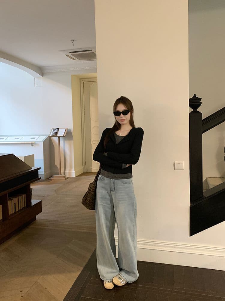 2026 페이크 레이어드 배색 스트라이프 긴팔 티셔츠 여성 가을 새로운 핑크색 느긋한 몸매 가꾸기 슬림해 보이는 품격 맨위 상세 이미지 4