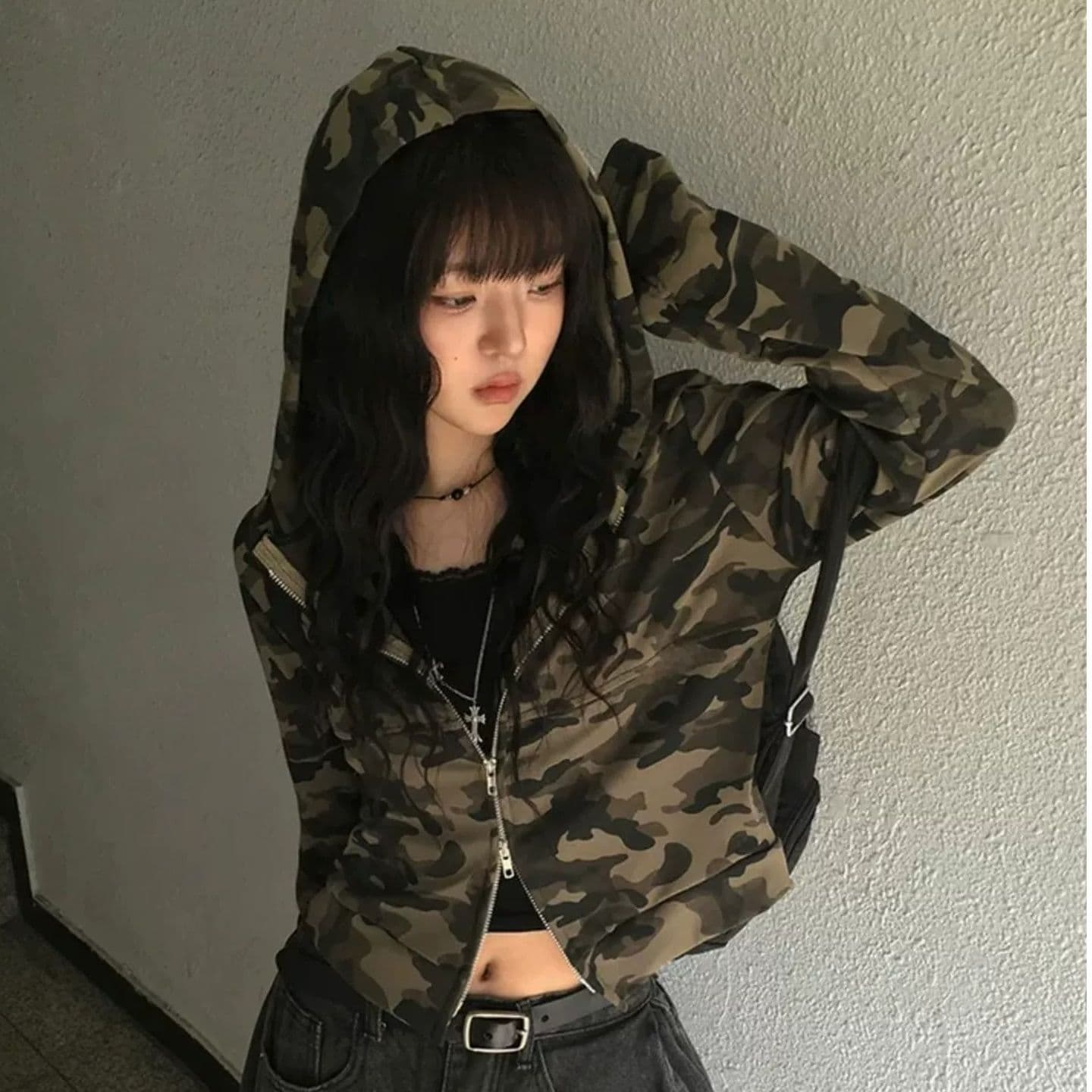 2026 한 부서 레트로 달콤한 차가운 핫걸 카모플라주 더블 지퍼 후드 몸매 가꾸기 긴팔 오픈 가디건 맨위 재킷 이미지 2