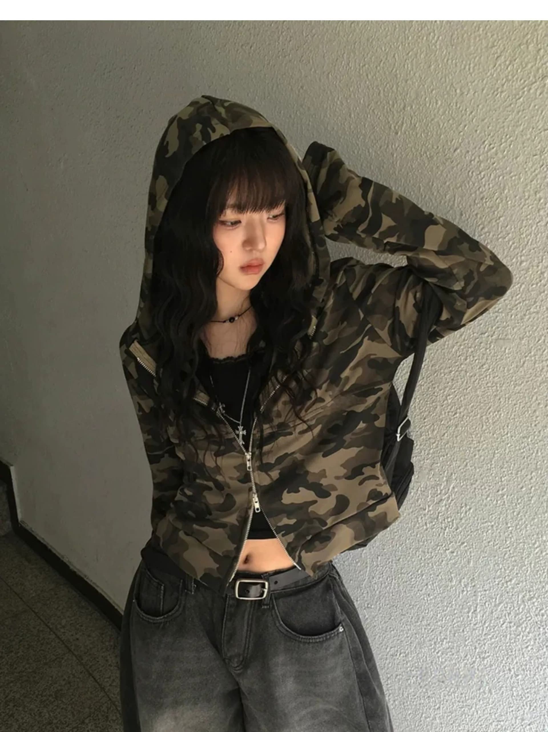2026 한 부서 레트로 달콤한 차가운 핫걸 카모플라주 더블 지퍼 후드 몸매 가꾸기 긴팔 오픈 가디건 맨위 재킷 상세 이미지 4