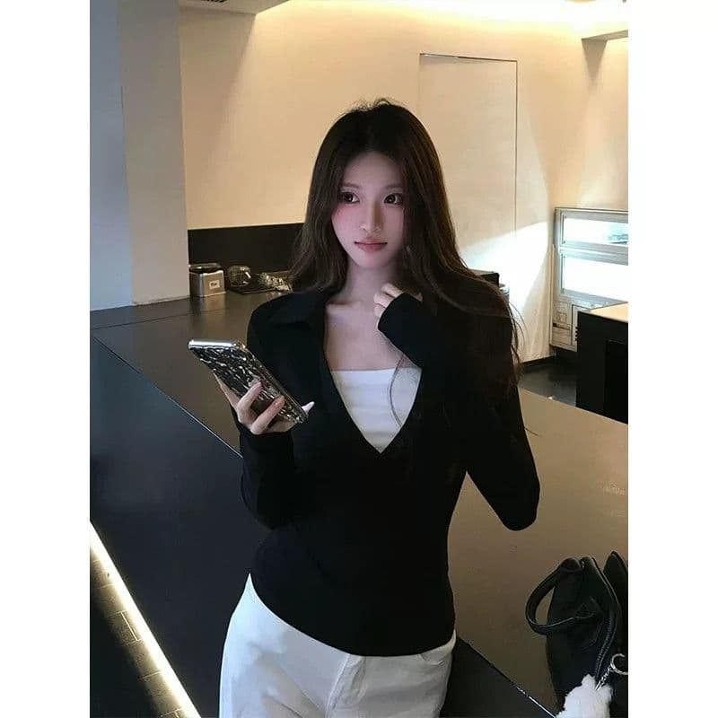 2026 아메리칸 핫걸 페이크 레이어드 V넥 긴팔 티셔츠 여성 인사이드 가져 가라. 기본 셔츠 몸매 가꾸기 허리 수축 맨위 이미지 5