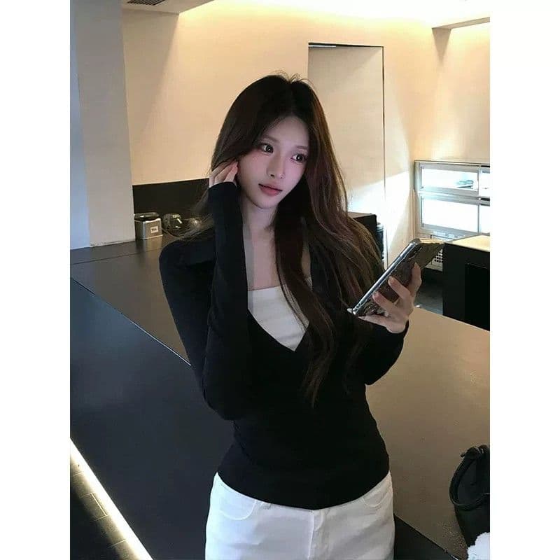 2026 아메리칸 핫걸 페이크 레이어드 V넥 긴팔 티셔츠 여성 인사이드 가져 가라. 기본 셔츠 몸매 가꾸기 허리 수축 맨위 이미지 4
