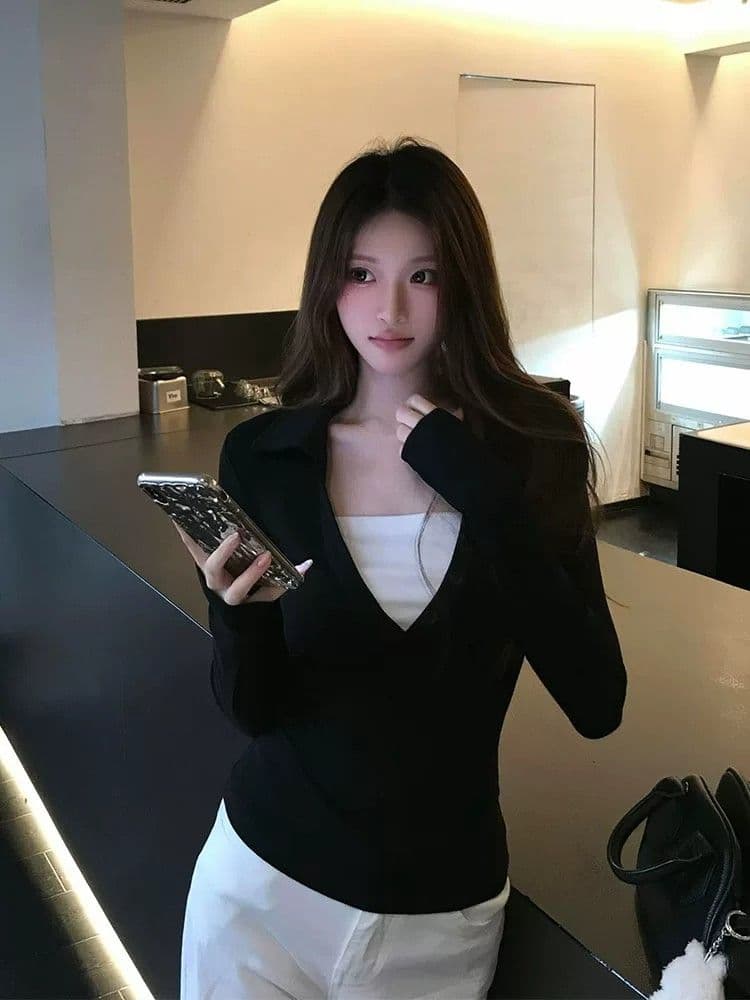 2026 아메리칸 핫걸 페이크 레이어드 V넥 긴팔 티셔츠 여성 인사이드 가져 가라. 기본 셔츠 몸매 가꾸기 허리 수축 맨위 상세 이미지 3