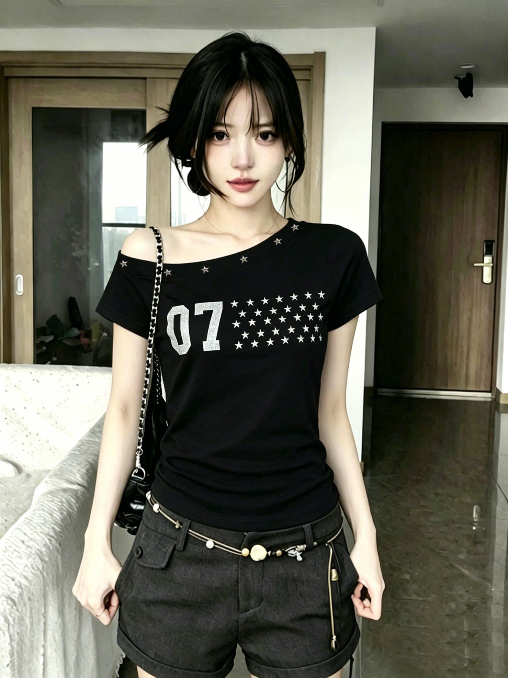 2026 한 부서 비스듬한 오프숄더 별 프린트 반팔 티셔츠 여성 여름 몸매 가꾸기 핫걸 버드 나무 못 박았다 의류 이미지 4