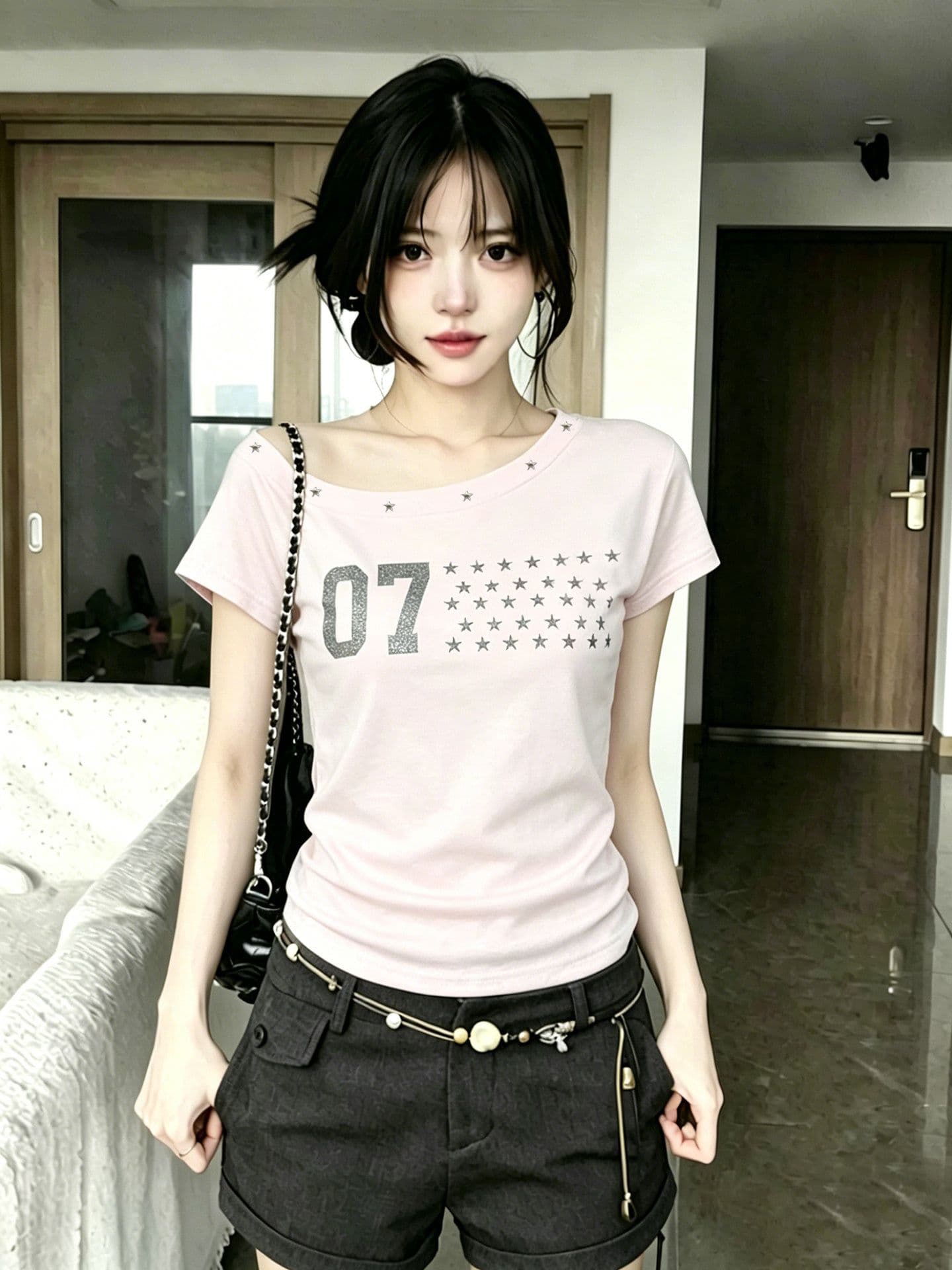 2026 한 부서 비스듬한 오프숄더 별 프린트 반팔 티셔츠 여성 여름 몸매 가꾸기 핫걸 버드 나무 못 박았다 의류 상세 이미지 2