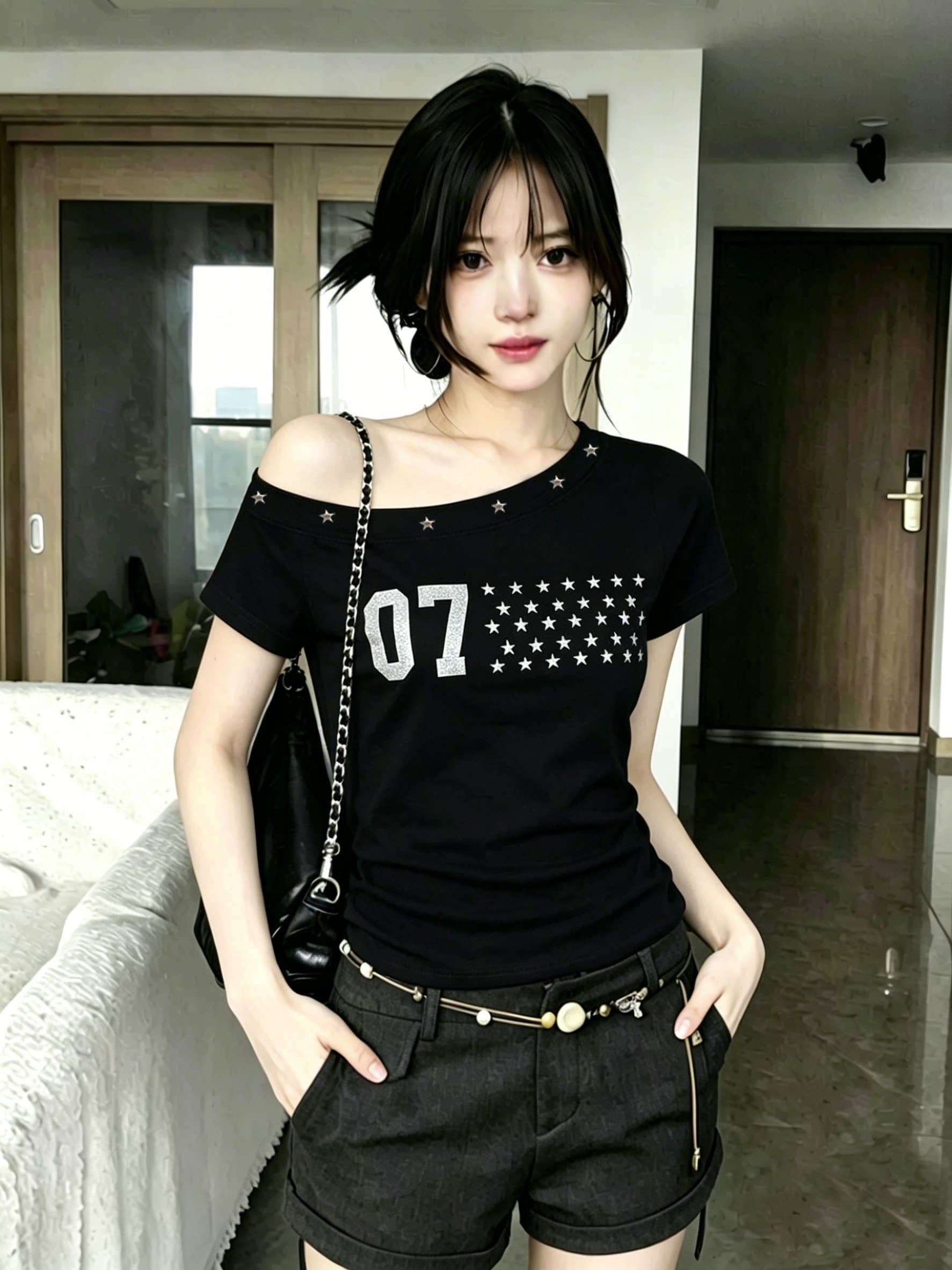 2026 한 부서 비스듬한 오프숄더 별 프린트 반팔 티셔츠 여성 여름 몸매 가꾸기 핫걸 버드 나무 못 박았다 의류 상세 이미지 5