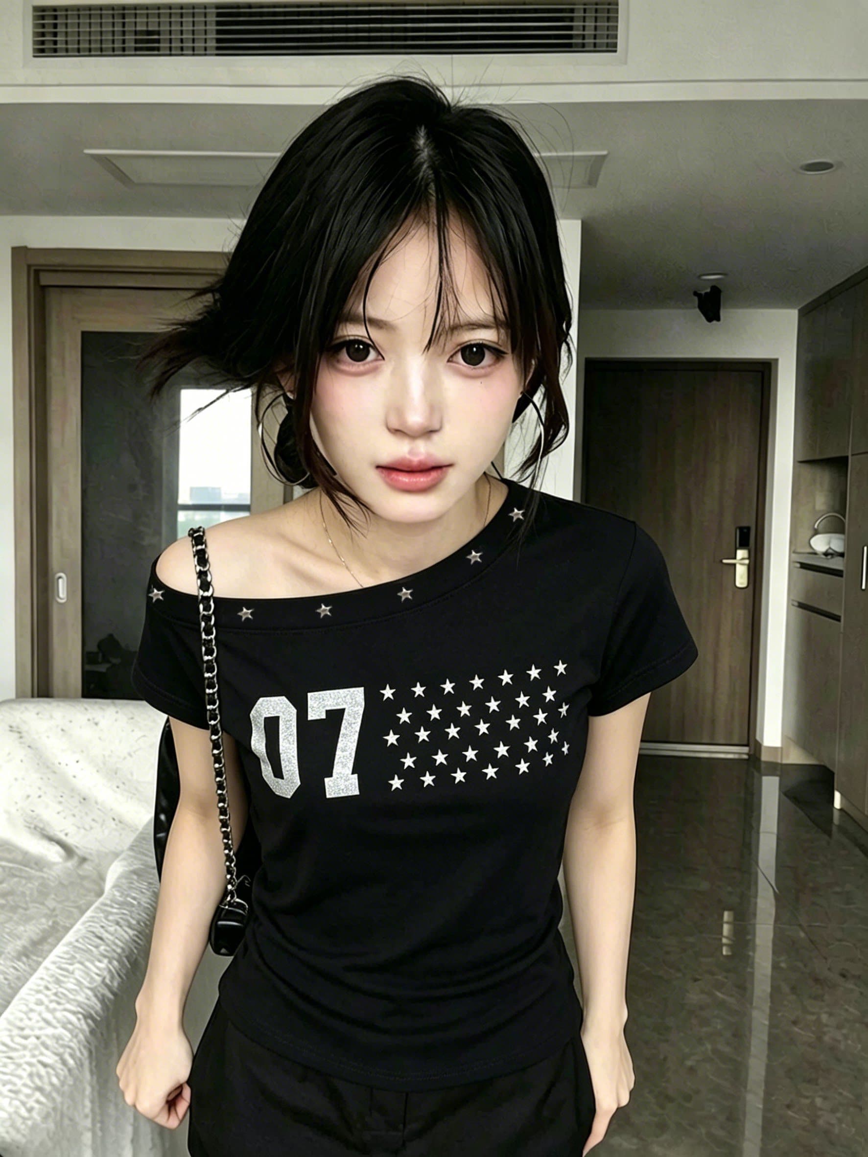 2026 한 부서 비스듬한 오프숄더 별 프린트 반팔 티셔츠 여성 여름 몸매 가꾸기 핫걸 버드 나무 못 박았다 의류 상세 이미지 6