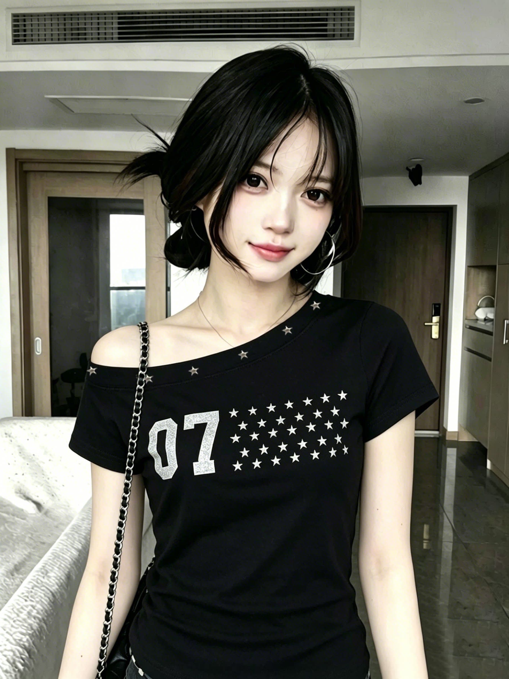 2026 한 부서 비스듬한 오프숄더 별 프린트 반팔 티셔츠 여성 여름 몸매 가꾸기 핫걸 버드 나무 못 박았다 의류 상세 이미지 7