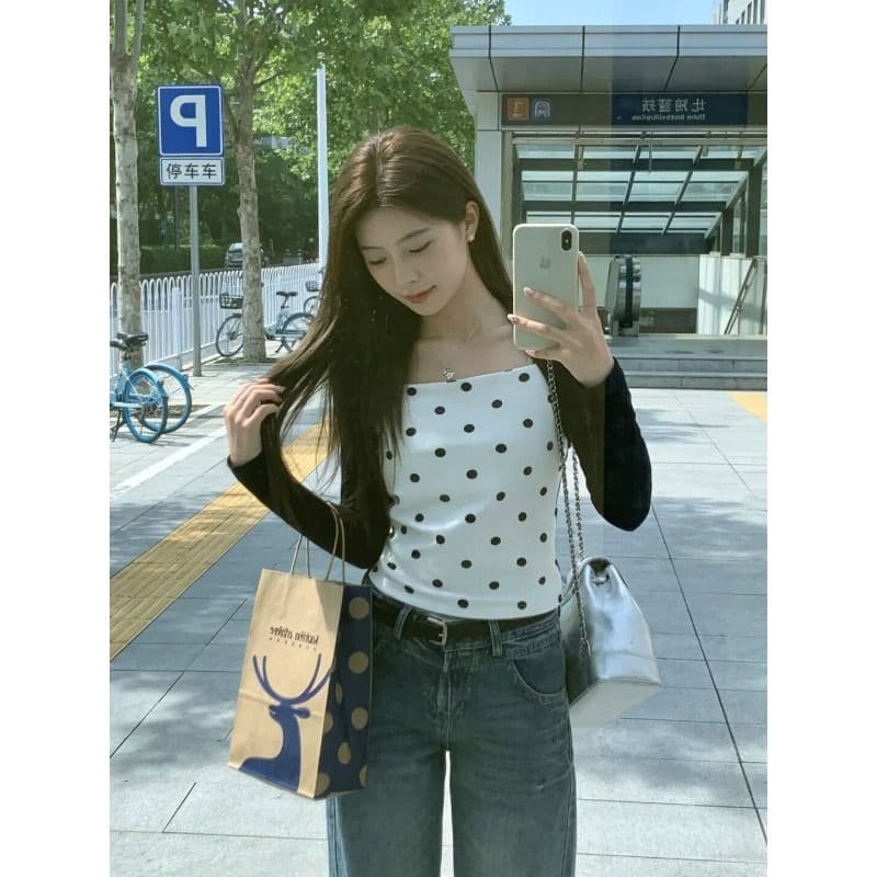 2026 페이크 레이어드 배색 패치워크 도트 무늬 긴팔 티셔츠 여성 조기 봄 기본 셔츠 몸매 가꾸기 맨위 이미지 4