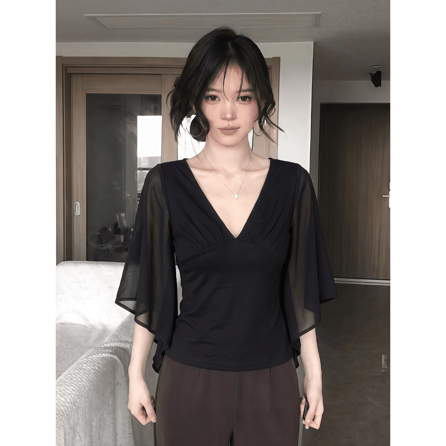 2026 검정색 7부 소매 쇼트 스타일 티셔츠 여성 여름 패션 품격 허리 수축 핫걸 몸매 가꾸기 슬림해 보이는 다용도 맨위 이미지 5