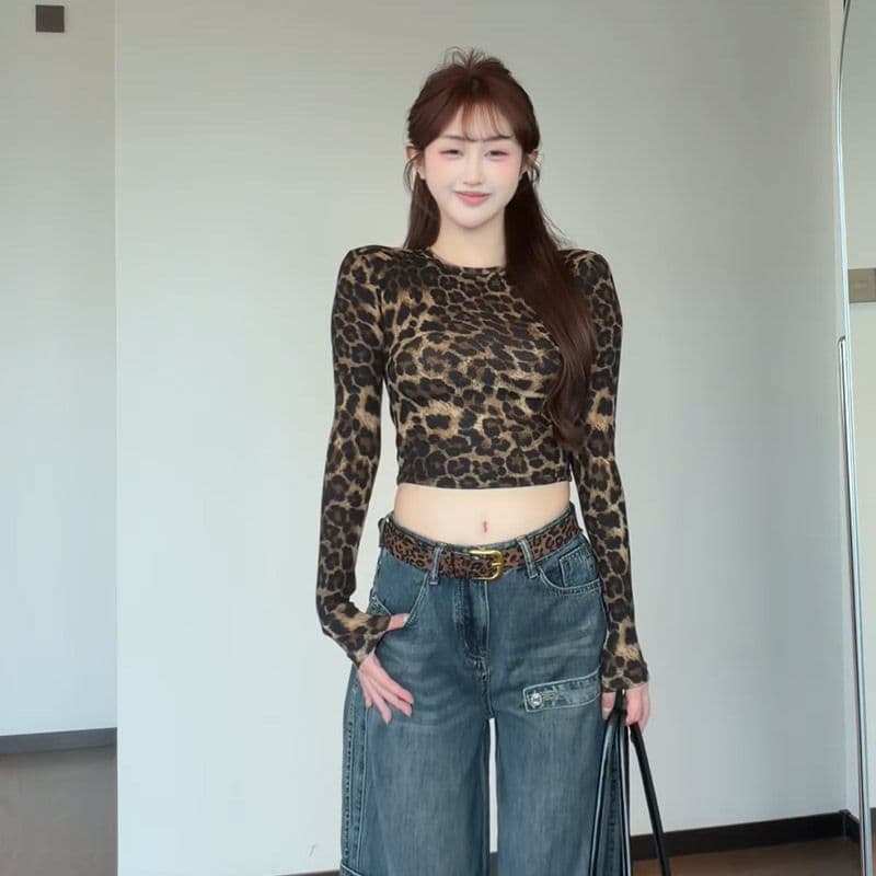 2026 레트로 레오파드 무늬 프린트 타이트 쇼트 스타일 티셔츠 가을 겨울 소녀 핫걸 몸매 가꾸기 맨위 상세 이미지 3