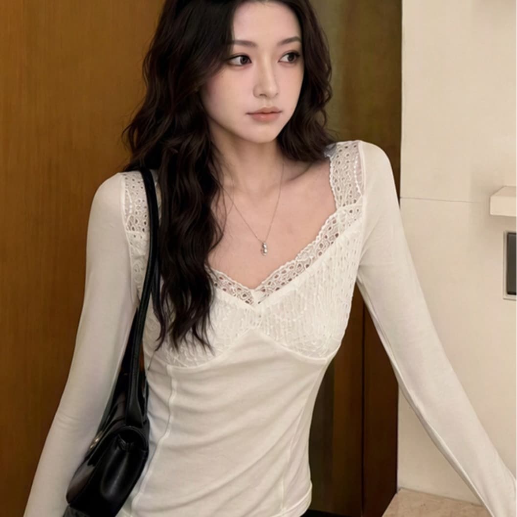 2026 V넥 레이스 조각 긴팔 티셔츠 여성 화이트 몸매 가꾸기 슬림해 보이는 인사이드 가져 가라. 기본 셔츠 맨위 가을 이미지 3