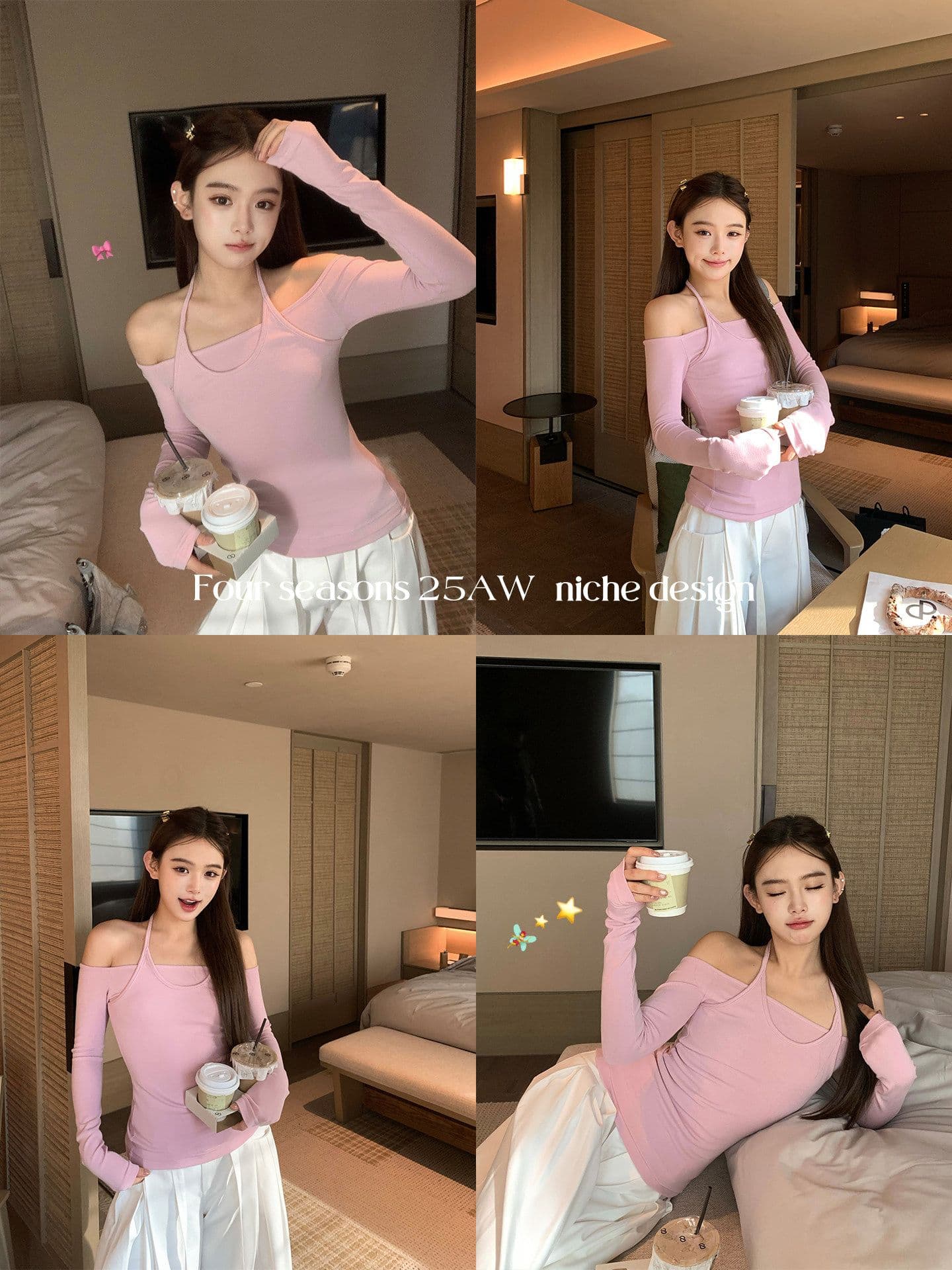 2026 디자인 센스 페이크 레이어드 행침 목 허리 수축 오프숄더 긴팔 티셔츠 여성 가을 아름다운 슬림해 보이는 맨위 이미지 2