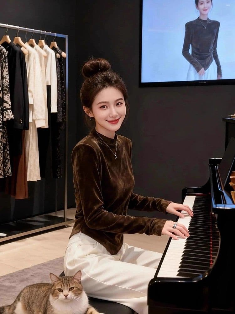 2026 긍정적 인 어깨 라운드 넥 품격 긴팔 티셔츠 금사 벨벳 겨울 빅 사이즈 불규칙 허리 수축 기본 셔츠 맨위 상세 이미지 3