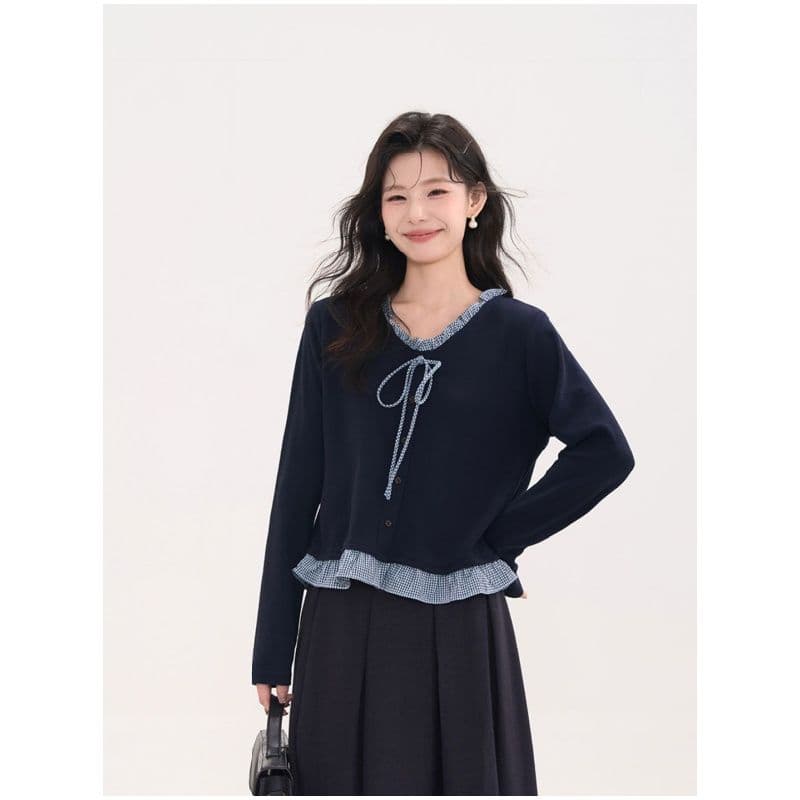 2026 가을 겨울 새로운 레이스업 V넥 한 부서 체크무늬 프릴 페이크 레이어드 패치워크 긴팔 티셔츠 맨위 이미지 2