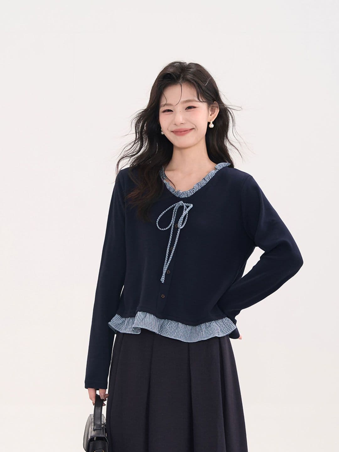 2026 가을 겨울 새로운 레이스업 V넥 한 부서 체크무늬 프릴 페이크 레이어드 패치워크 긴팔 티셔츠 맨위 상세 이미지 29