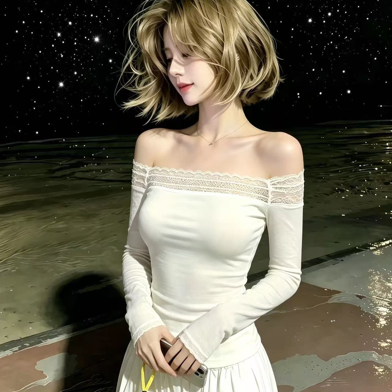 2026 한 부서 섹시함 검정색 오프숄더 긴팔 티셔츠 여성 이른 가을 레이스 조각 몸매 가꾸기 품격 맨위