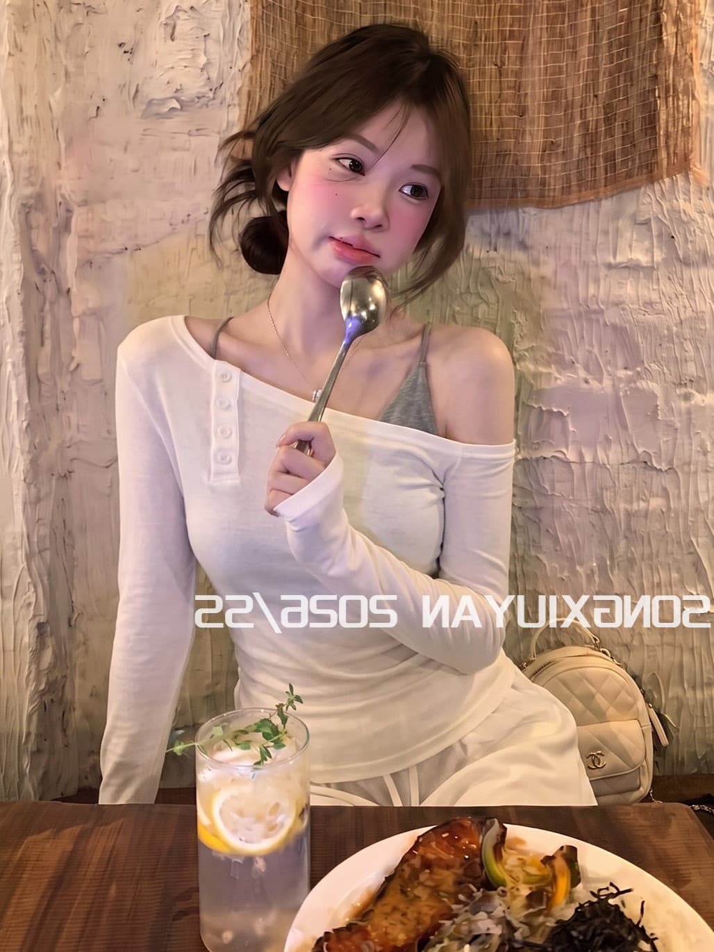 2026 소녀 단추 비스듬한 어깨 긴팔 티셔츠 분위기 센스 몸매 가꾸기 오프숄더 맨위 회색 슬립 투피스 세트