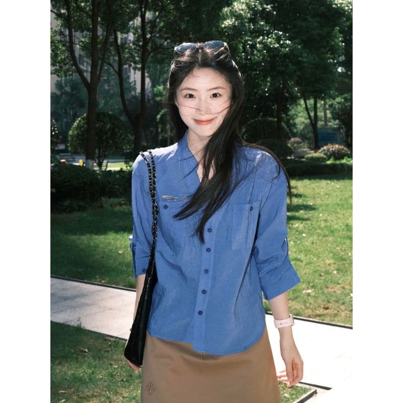 2026 고급 센스 톰 글 래 원인 블루 셔츠 여성 긴 소매 봄 여름 루즈핏 슬림해 보이는 셔츠 재킷 이미지 3