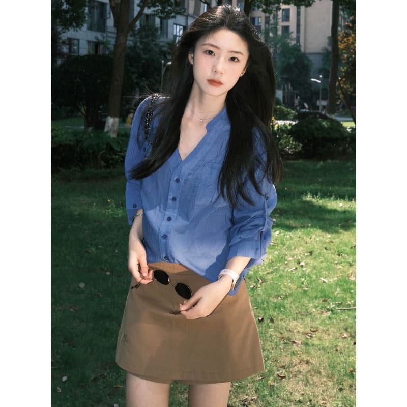 2026 고급 센스 톰 글 래 원인 블루 셔츠 여성 긴 소매 봄 여름 루즈핏 슬림해 보이는 셔츠 재킷 이미지 4