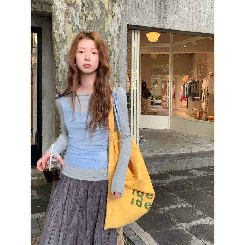인사이드 가져 가라. 기본 셔츠 여성 가을 2026 새로운 긴팔 티셔츠 한 부서 착용 가져 가라. 회색 맨위 투피스 세트 이미지 2