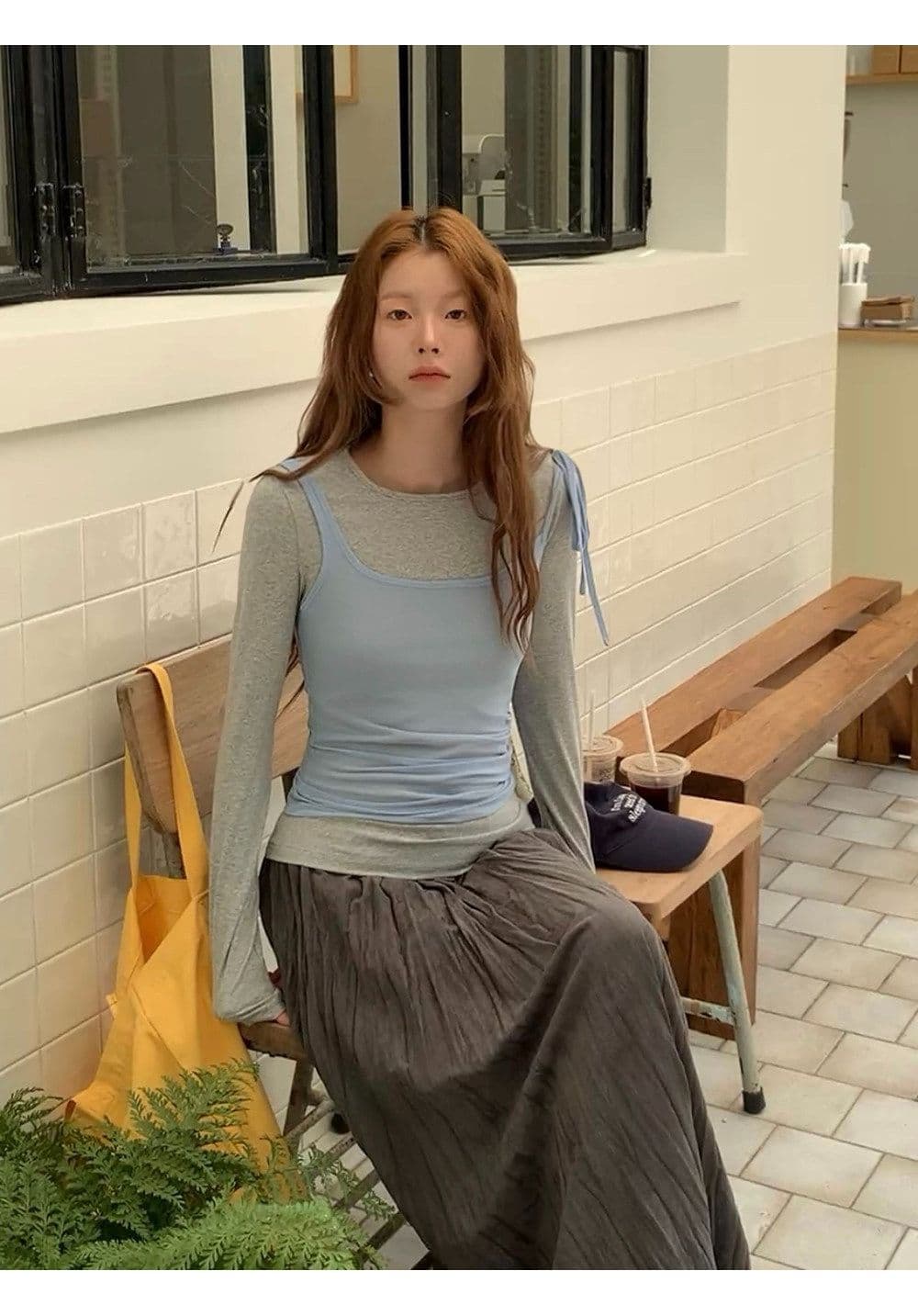 인사이드 가져 가라. 기본 셔츠 여성 가을 2026 새로운 긴팔 티셔츠 한 부서 착용 가져 가라. 회색 맨위 투피스 세트 상세 이미지 12