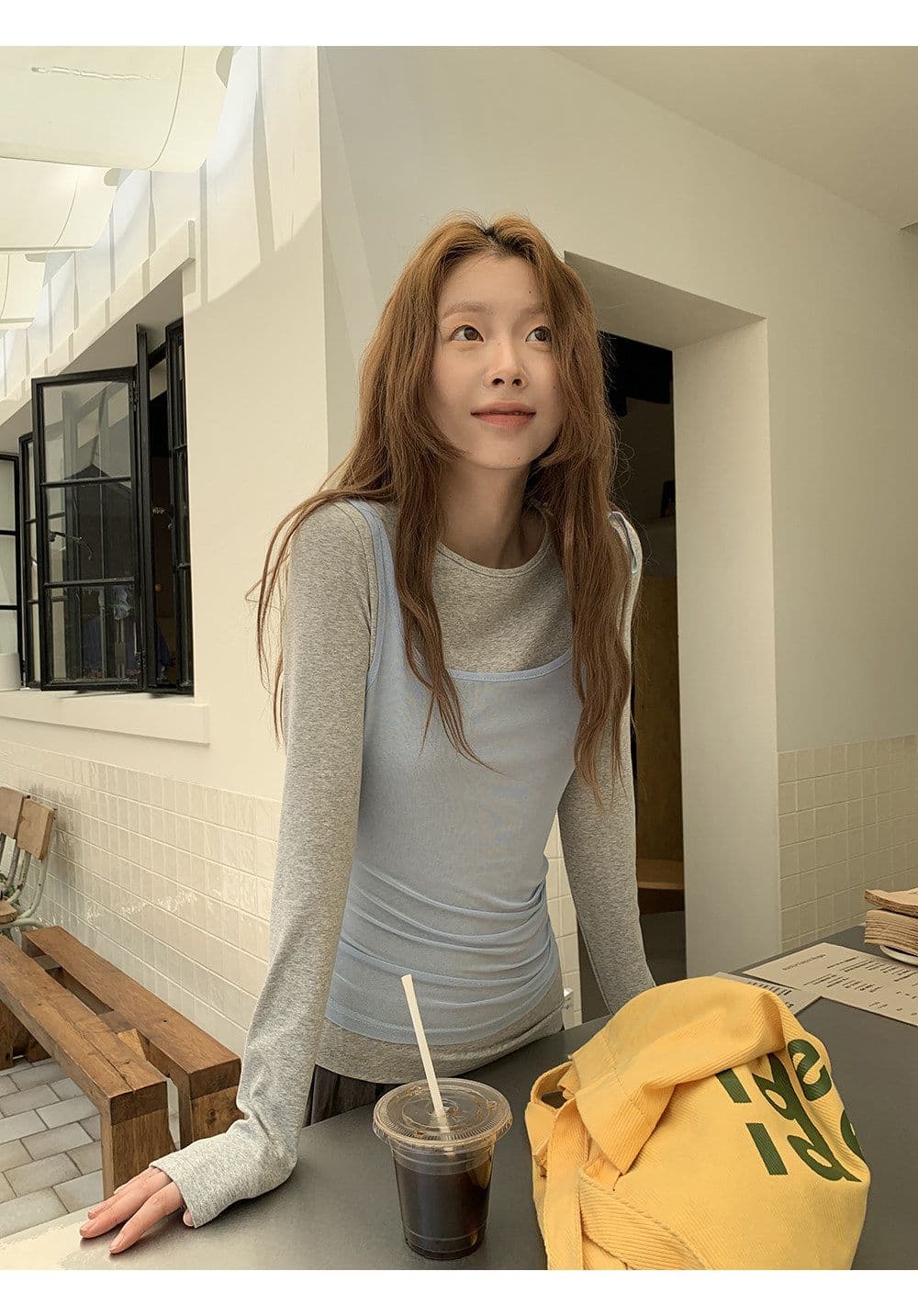 인사이드 가져 가라. 기본 셔츠 여성 가을 2026 새로운 긴팔 티셔츠 한 부서 착용 가져 가라. 회색 맨위 투피스 세트 상세 이미지 16