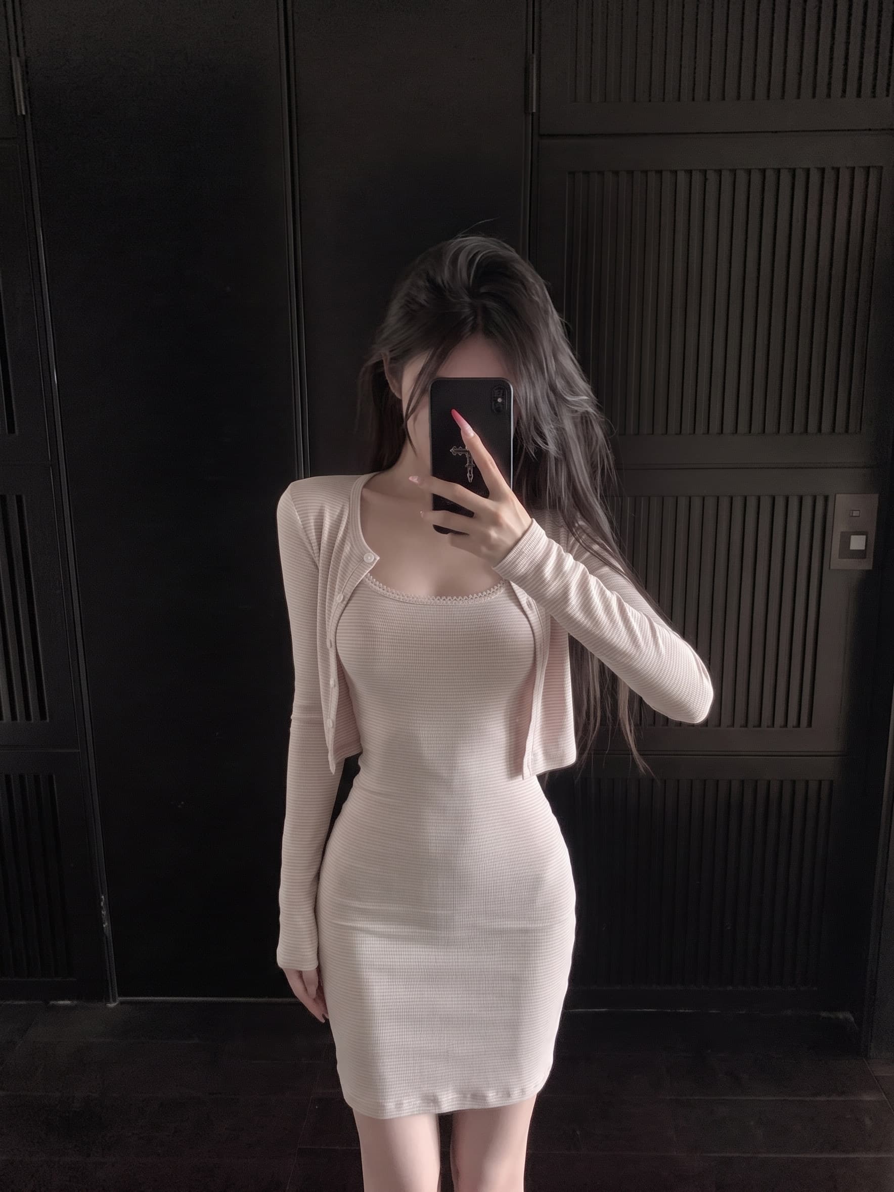 한 부서 착용 가져 가라. 핀 스트라이프 긴팔 오픈 가디건 여성 슬림해 보이는 쇼트 스타일 맨위 슬립 드레스 다용도 가을 세트 드레스 상세 이미지 2