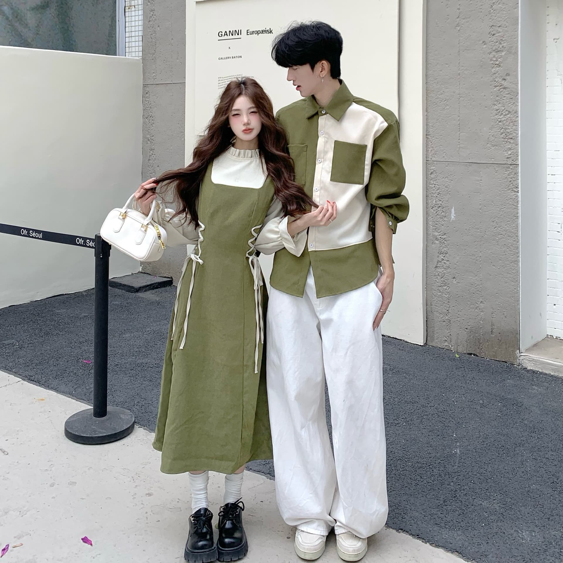 실사 이른 봄 한 부서 착용 가져 가라. 고급 센스 페이크 레이어드 멜빵 허리 수축 드레스 아이들 롱 스커트 커플룩 이미지 6