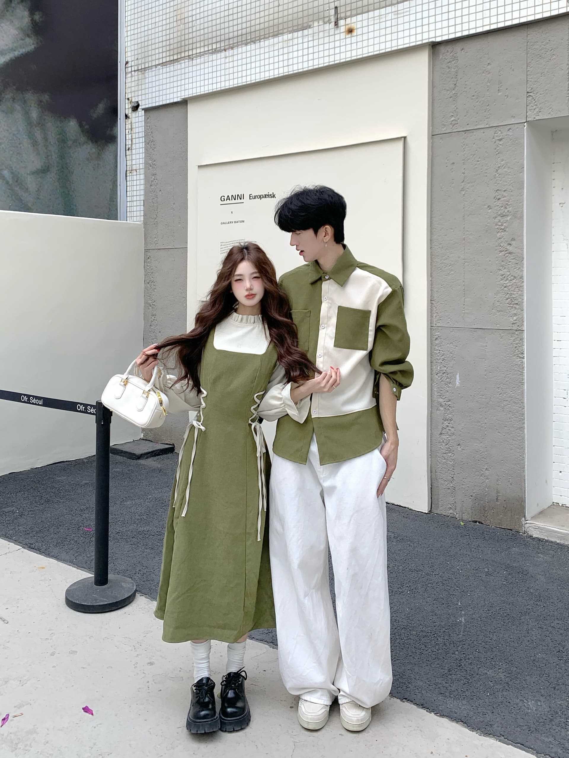 실사 이른 봄 한 부서 착용 가져 가라. 고급 센스 페이크 레이어드 멜빵 허리 수축 드레스 아이들 롱 스커트 커플룩 상세 이미지 1