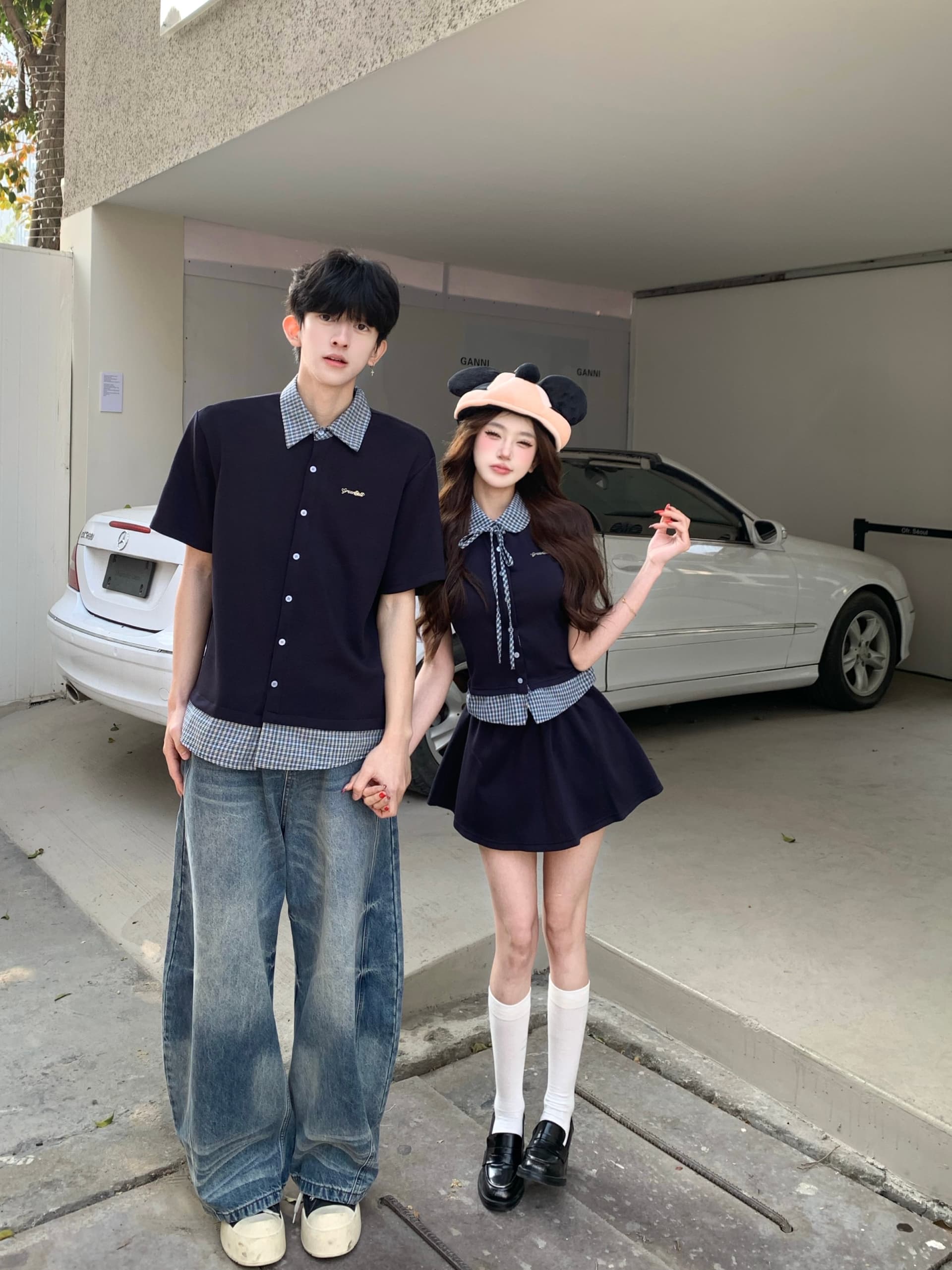 실사 페이크 레이어드 패치워크 폴로 칼라 체크무늬 여성 셔츠 한 부서 학원 스타일 맨위 짧은 치마 세트 커플룩 이미지 2