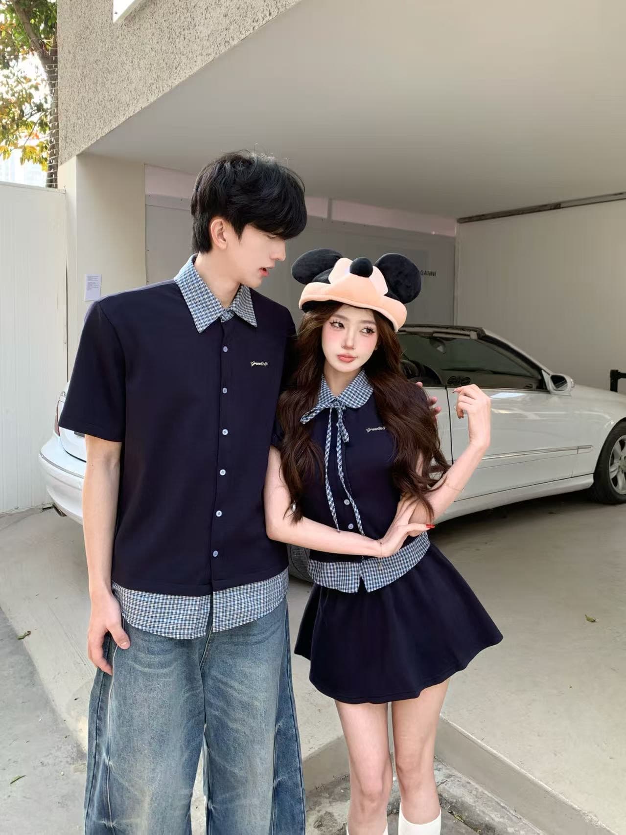 실사 페이크 레이어드 패치워크 폴로 칼라 체크무늬 여성 셔츠 한 부서 학원 스타일 맨위 짧은 치마 세트 커플룩 이미지 5