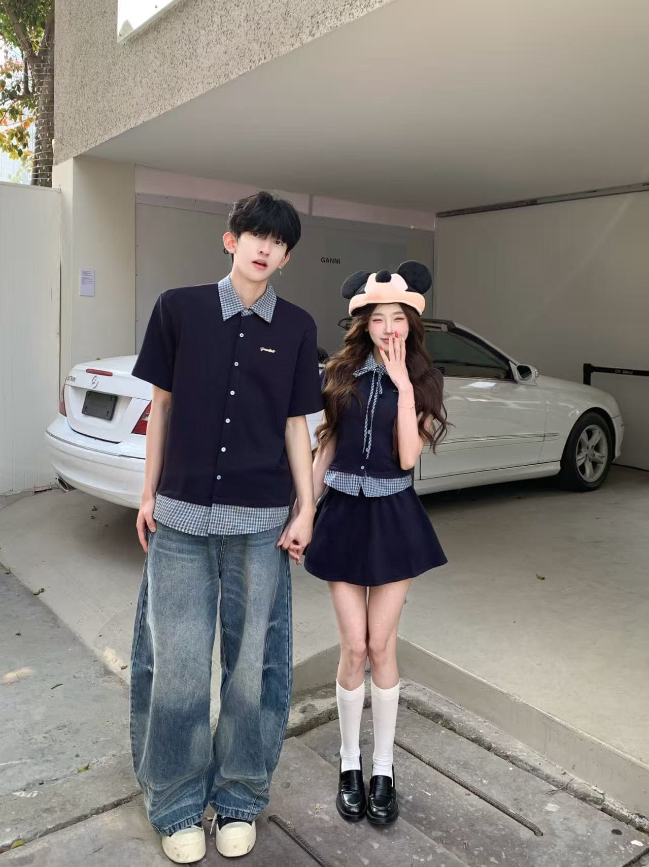 실사 페이크 레이어드 패치워크 폴로 칼라 체크무늬 여성 셔츠 한 부서 학원 스타일 맨위 짧은 치마 세트 커플룩 상세 이미지 6