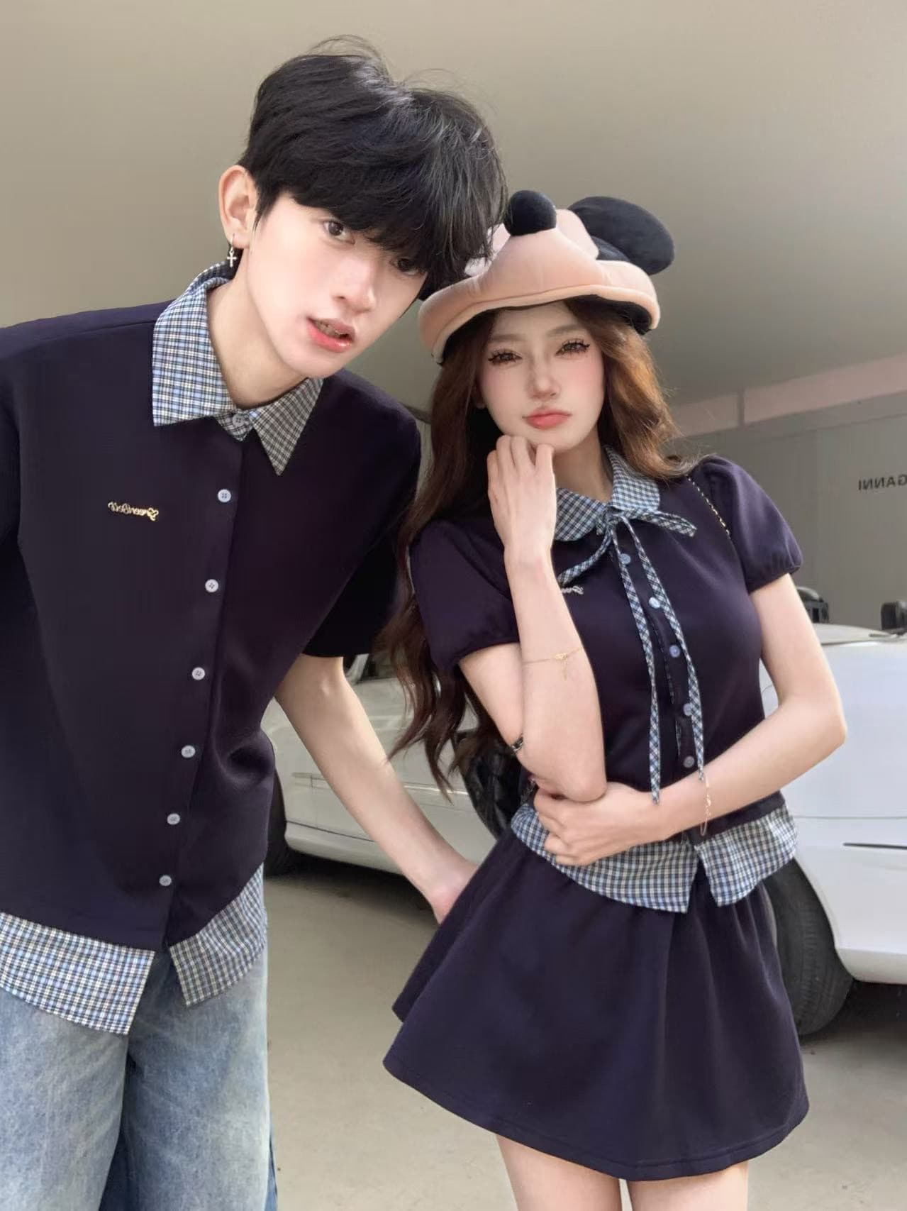 실사 페이크 레이어드 패치워크 폴로 칼라 체크무늬 여성 셔츠 한 부서 학원 스타일 맨위 짧은 치마 세트 커플룩 상세 이미지 7
