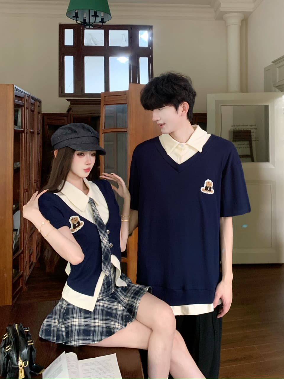 실사 아메리칸 학원 스타일 jk 유니폼 핫걸 셔츠 체크무늬 반신 치마 세트 커플룩 상세 이미지 1