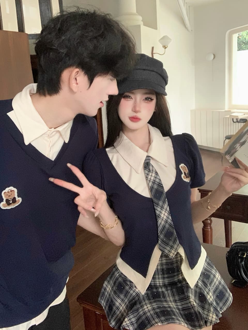 실사 아메리칸 학원 스타일 jk 유니폼 핫걸 셔츠 체크무늬 반신 치마 세트 커플룩 상세 이미지 5