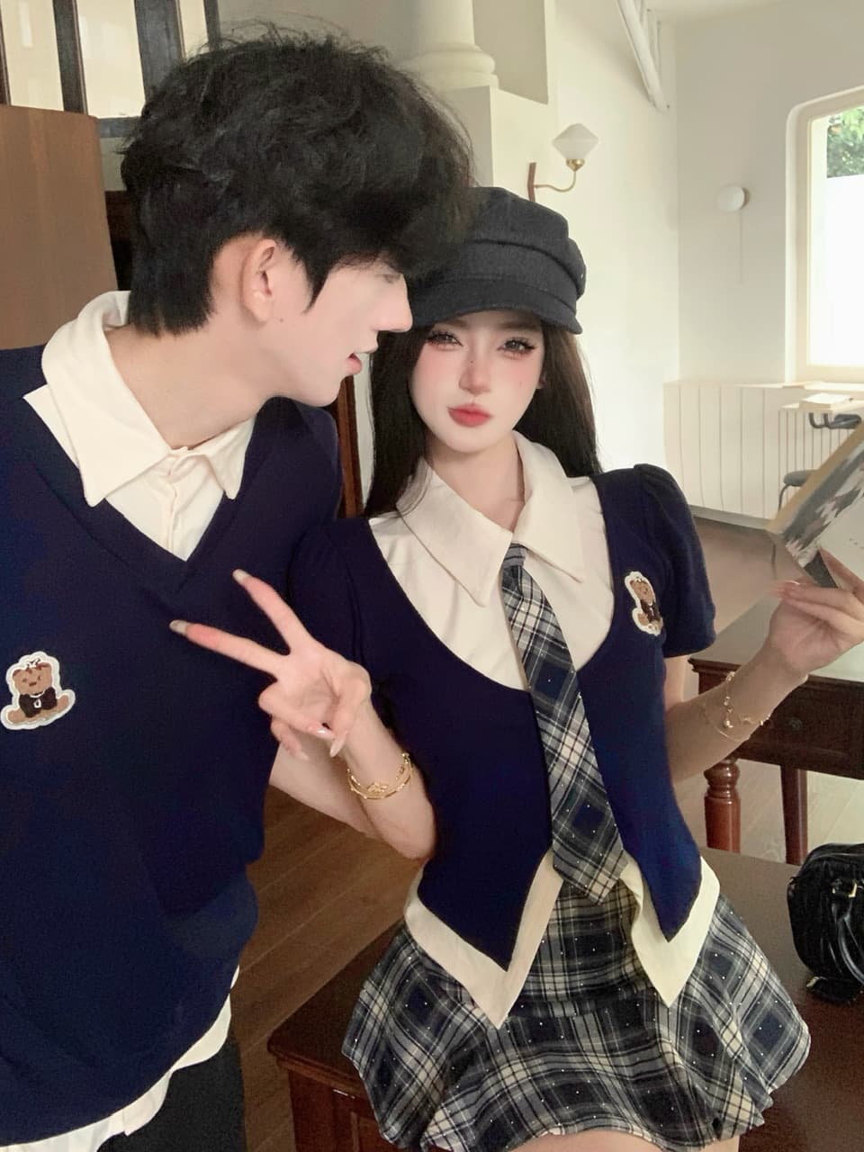 실사 아메리칸 학원 스타일 jk 유니폼 핫걸 셔츠 체크무늬 반신 치마 세트 커플룩 상세 이미지 7