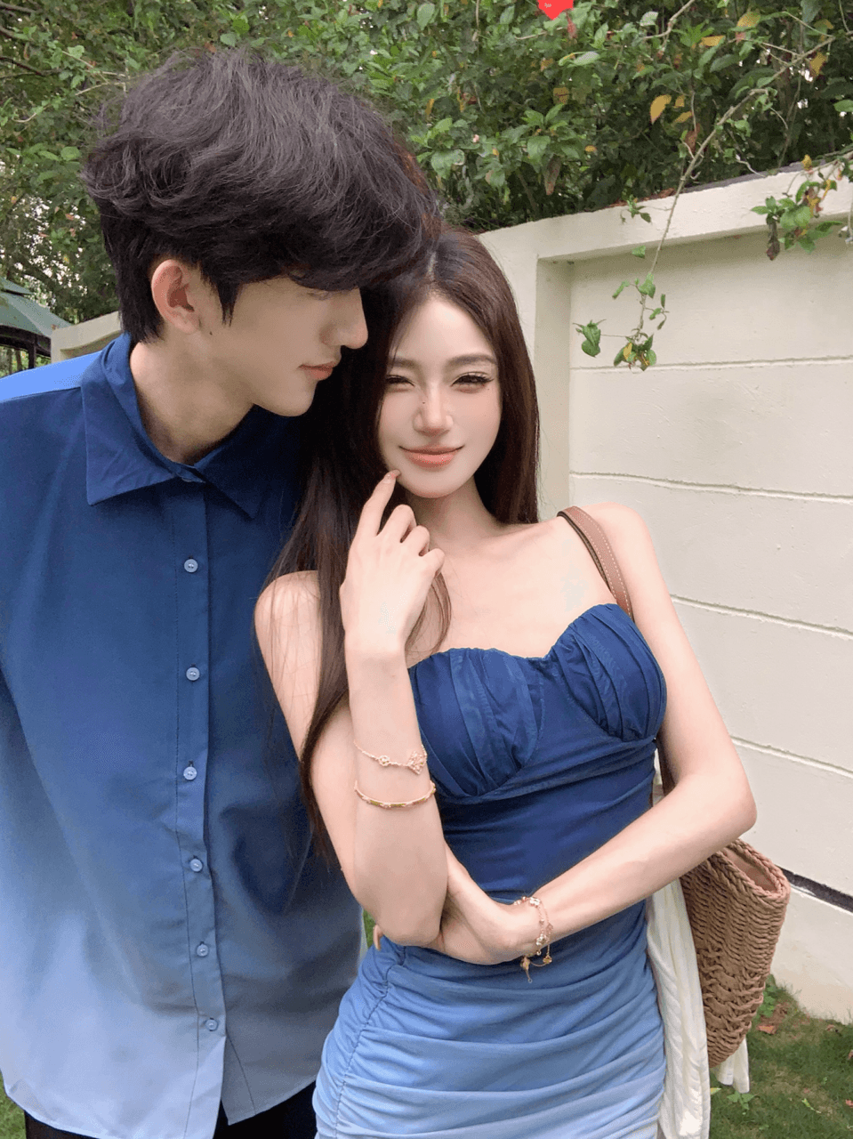 실사 프랑스식 파란색 그라데이션 튜브탑 드레스 롱 코트 타이트 스커트 인어 꼬리 스커트 해변가 휴가 바람 롱 스커트 커플룩 이미지 4