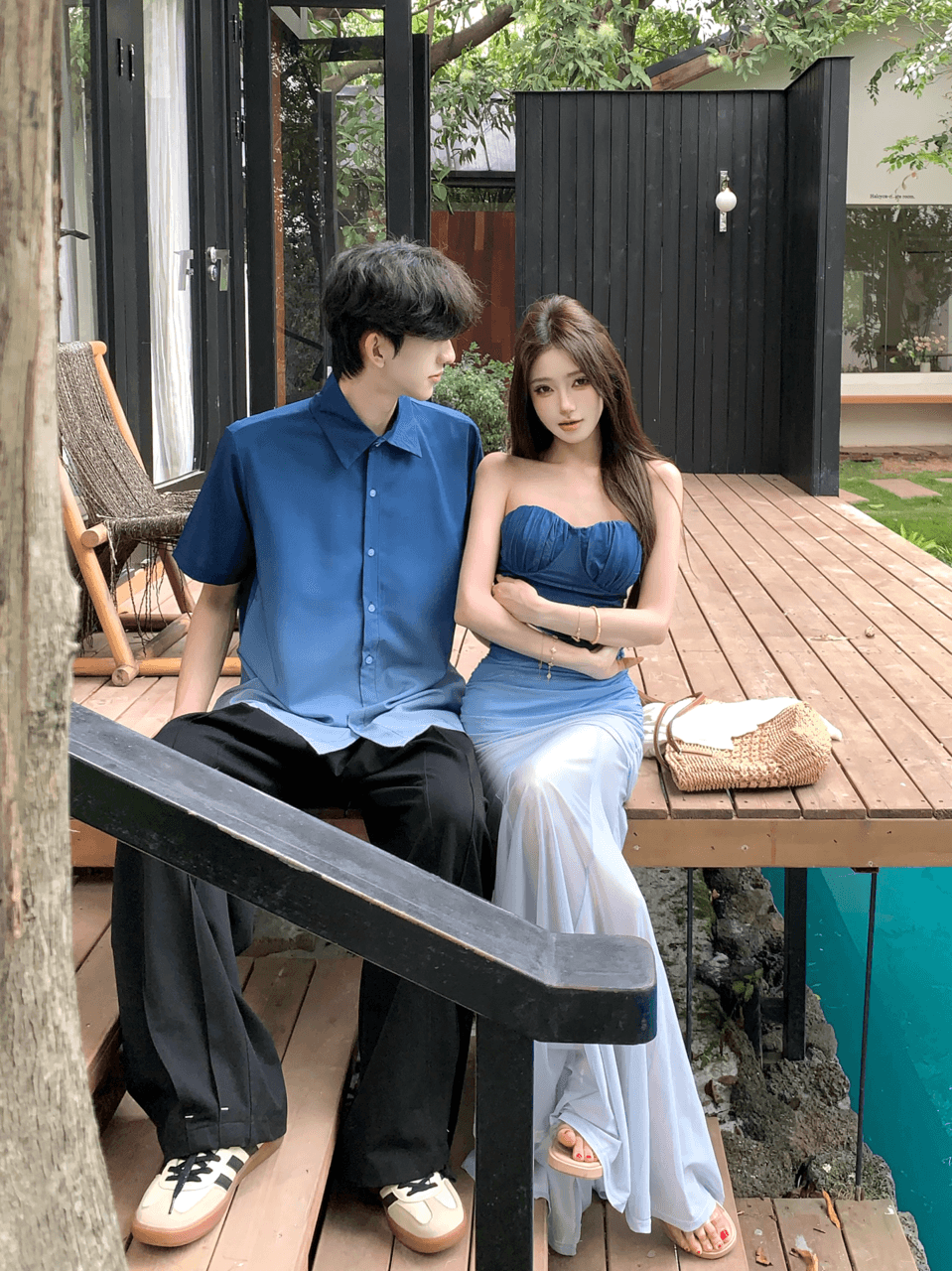 실사 프랑스식 파란색 그라데이션 튜브탑 드레스 롱 코트 타이트 스커트 인어 꼬리 스커트 해변가 휴가 바람 롱 스커트 커플룩 이미지 5