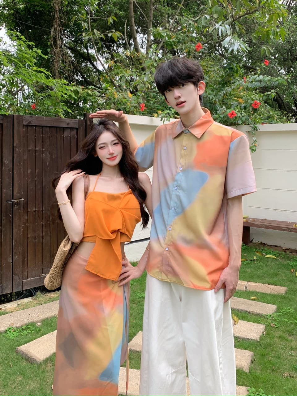 실사 해변가 휴가 여름 도파민 착용 가져 가라. 세트 행침 목 조끼 타이트 스커트 반신 스커트 투피스 세트 커플룩 이미지 4