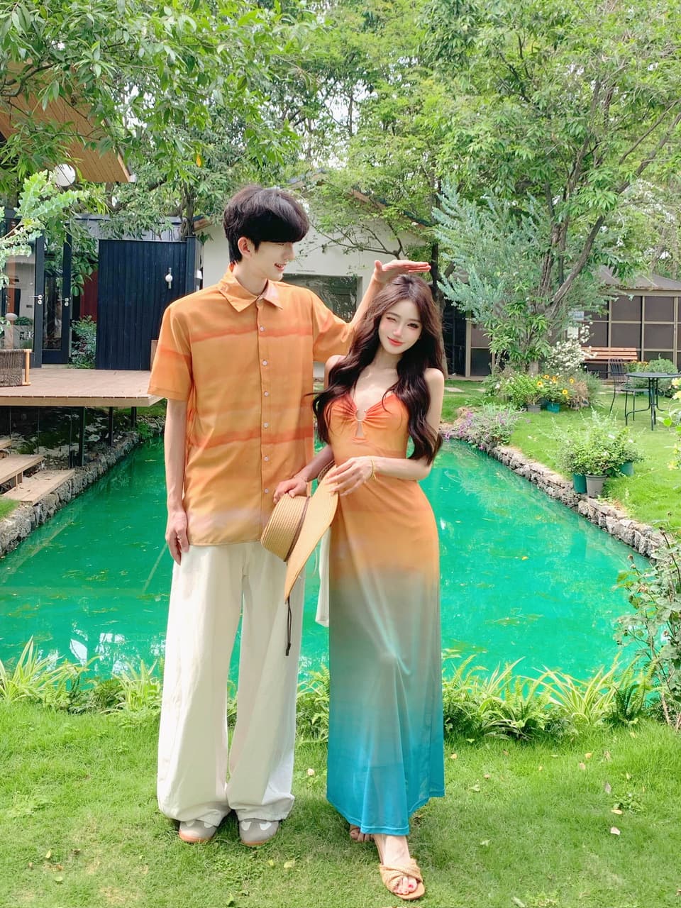 실사 휴가 바람 도파민 아름다운 섬 휴가 그라데이션 색상 일몰 홀치기 염색 망사 슬립 롱 스커트 커플룩 상세 이미지 4