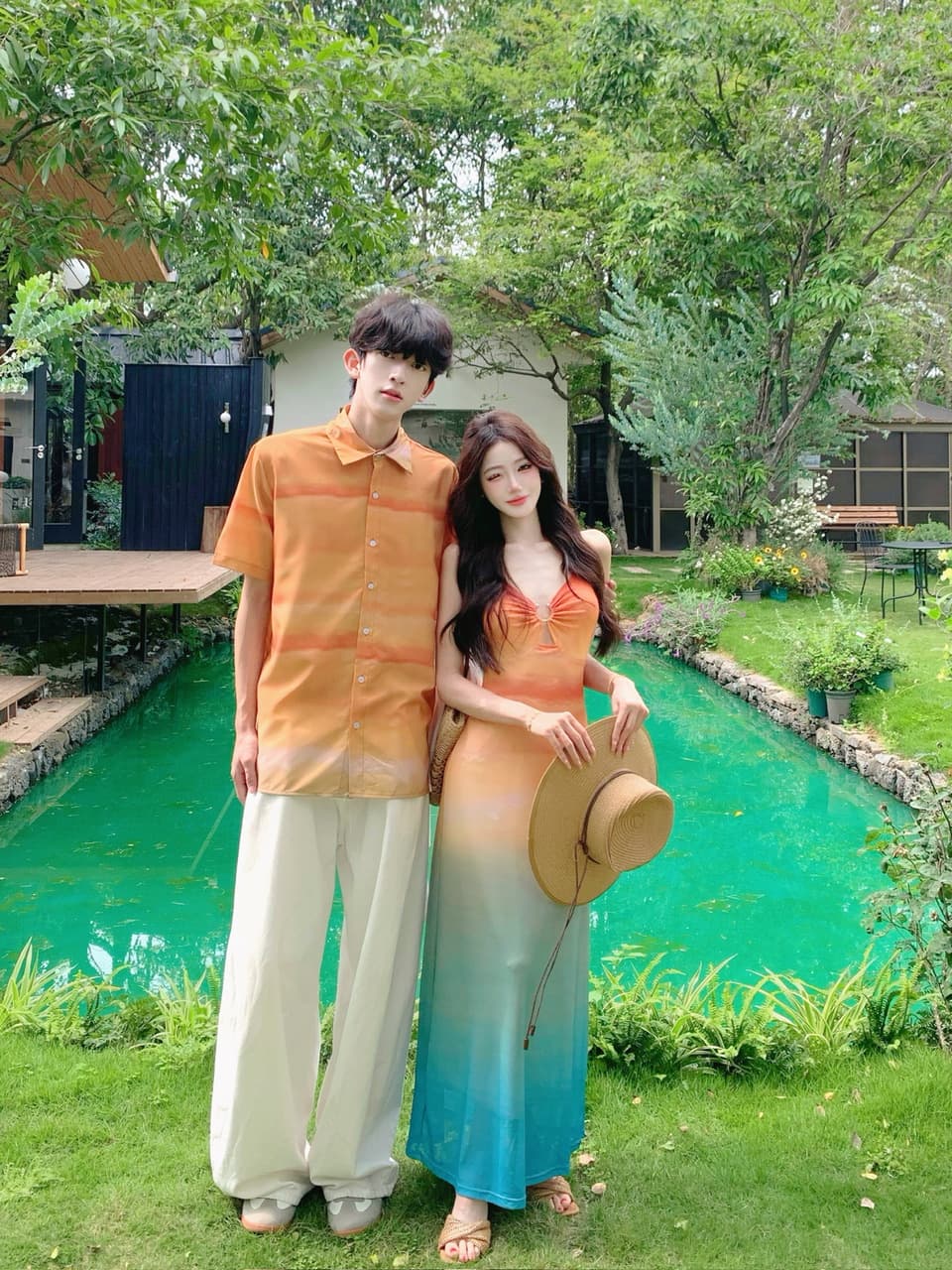 실사 휴가 바람 도파민 아름다운 섬 휴가 그라데이션 색상 일몰 홀치기 염색 망사 슬립 롱 스커트 커플룩 상세 이미지 6