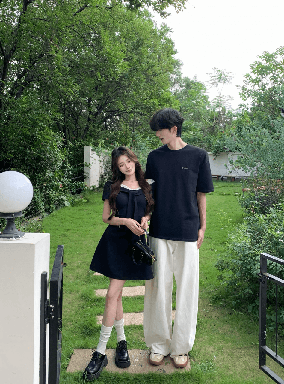 실사 학원 스타일 레이스 오프숄더 여성 드레스 꼬집기 허리 슬림해 보이는 캐주얼 치마 커플룩 상세 이미지 4