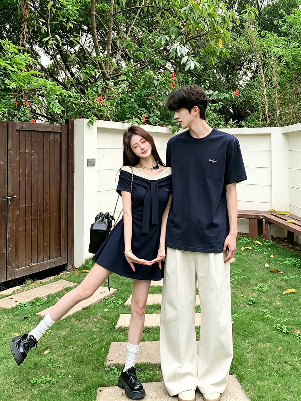 실사 학원 스타일 레이스 오프숄더 블루 색상 여성 드레스 여름 꼬집기 허리 슬림해 보이는 캐주얼 치마 커플룩 이미지 2