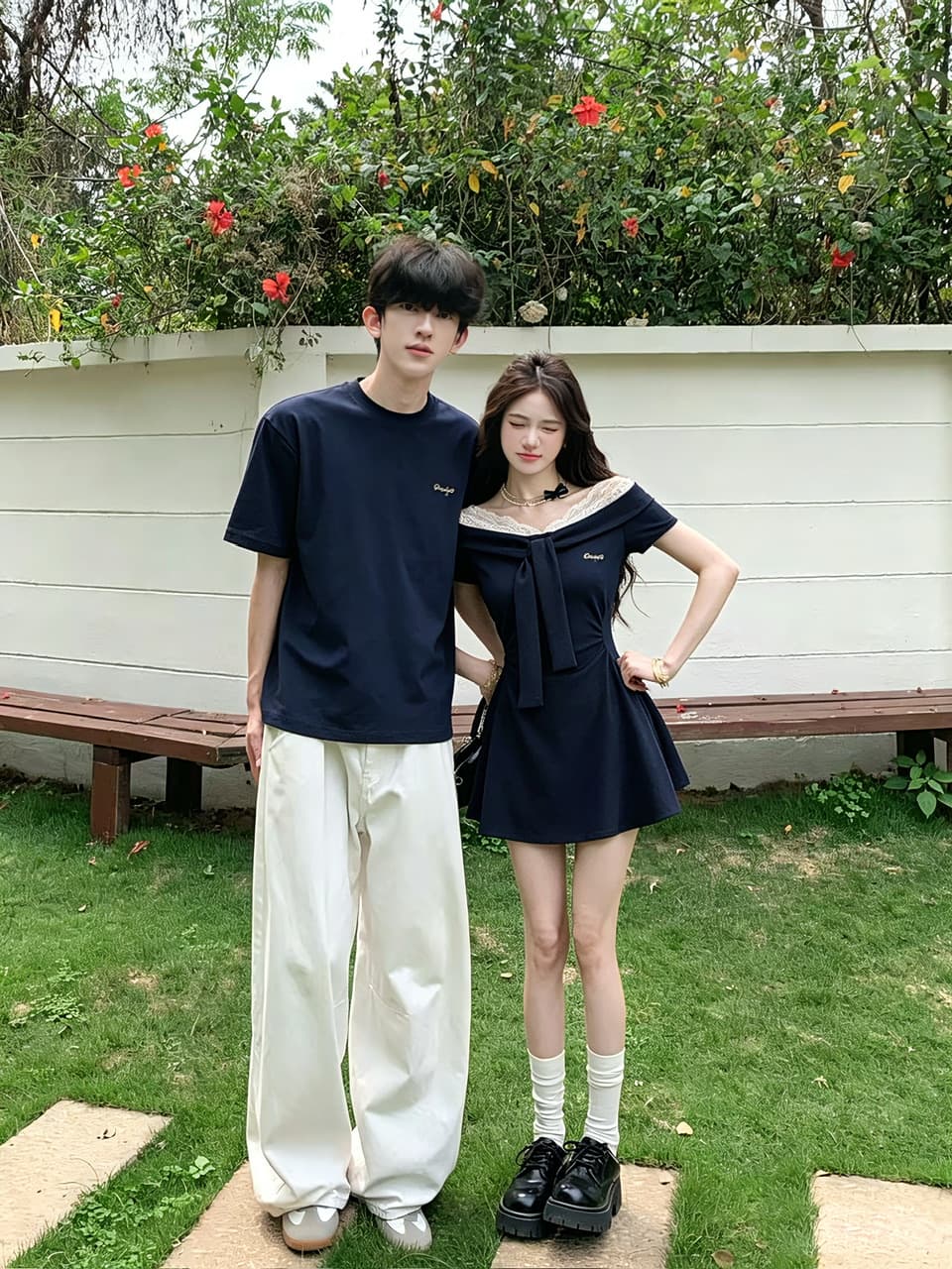 실사 학원 스타일 레이스 오프숄더 블루 색상 여성 드레스 여름 꼬집기 허리 슬림해 보이는 캐주얼 치마 커플룩 이미지 5
