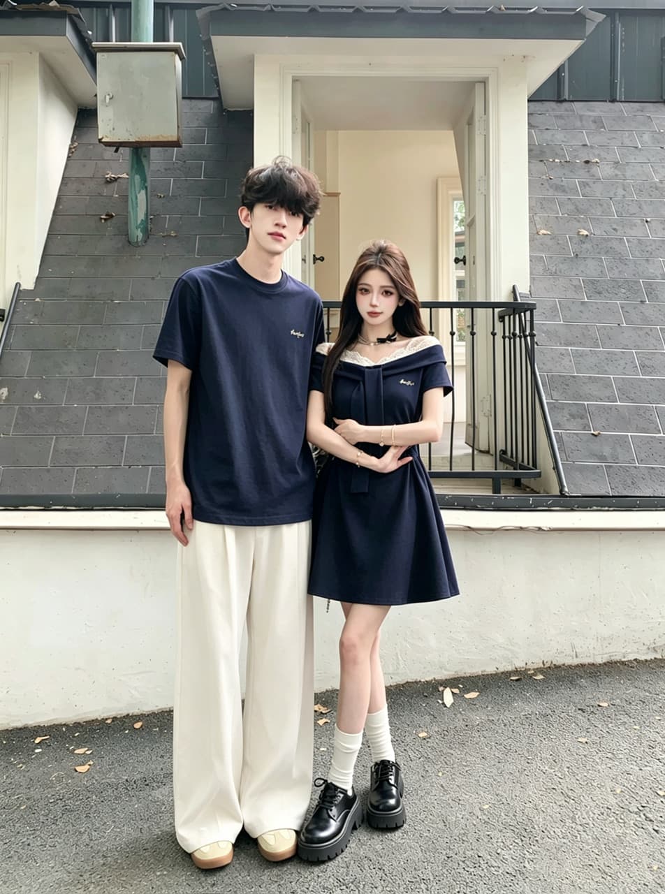 실사 학원 스타일 레이스 오프숄더 블루 색상 여성 드레스 여름 꼬집기 허리 슬림해 보이는 캐주얼 치마 커플룩 상세 이미지 3